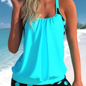 Plus Size Casual Swimsuit Set, Women's Plus Colorblock Dot Print Cut Out Round Neck Cami Top & Shorts Bathing Suit Two Piece Set (Color: Cyan)